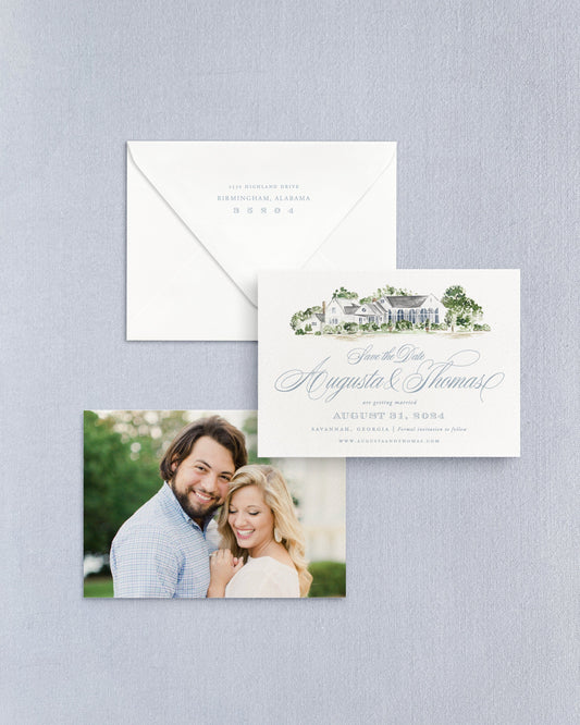 Augusta Horizontal Save the Date No. 4 - Ft. Venue Watercolor Empress Stationery