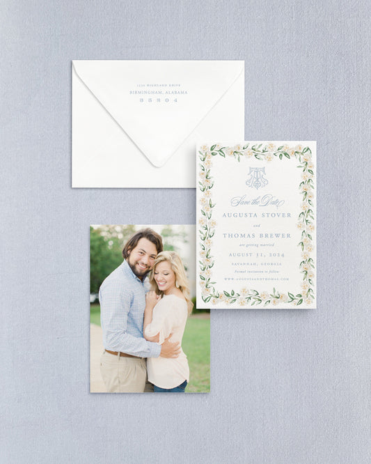 Augusta Vertical Save the Date No. 2 - Ft. Floral Frame Empress Stationery