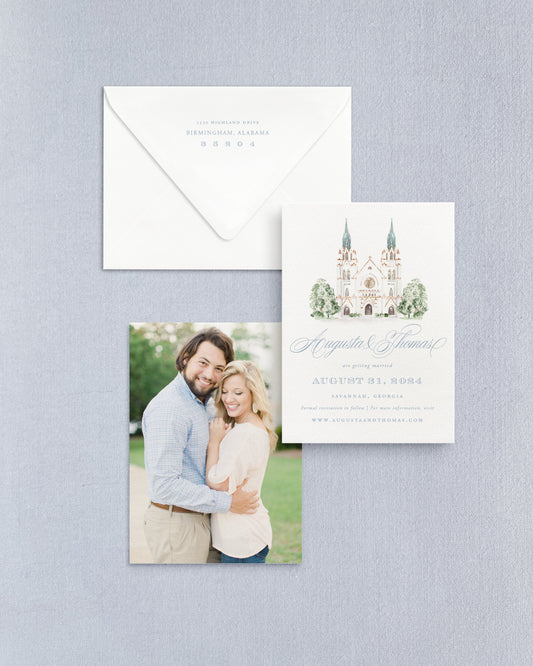Augusta Vertical Save the Date No. 4 - Ft. Venue Watercolor Empress Stationery