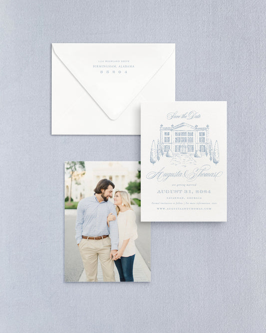 Augusta Vertical Save the Date No. 5 - Ft. Hand Drawn Venue Empress Stationery