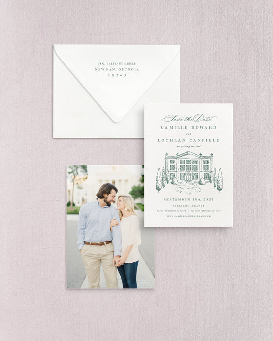 Camille Vertical Save the Date No. 5 - Ft. Hand Drawn Venue