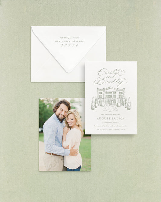 Cecilia Vertical Save the Date No. 5 - Ft. Hand Drawn Venue Empress Stationery