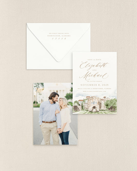 Elizabeth Vertical Save the Date No. 4 - Ft. Watercolor Venue Empress Stationery