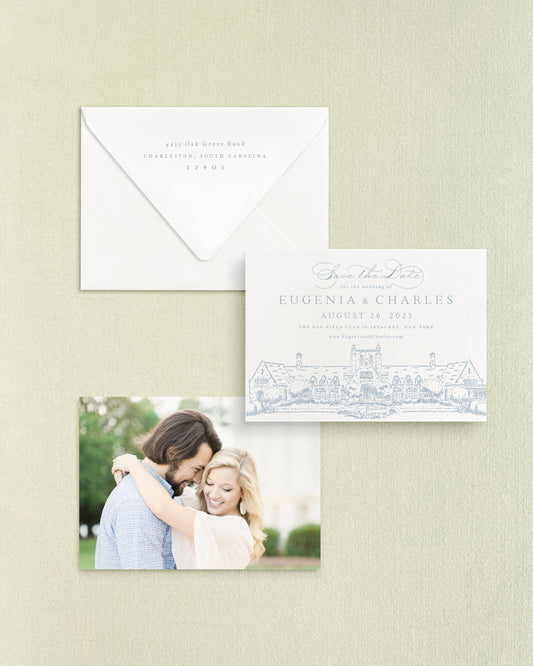 Eugenia Horizontal Save the Date No. 5 - Ft. Hand Drawn Venue Empress Stationery