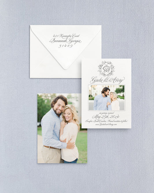 Greta Vertical Save the Date No. 3 - Ft. Photo Front Empress Stationery