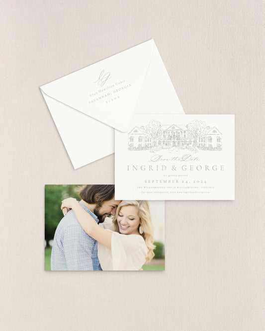 Ingrid Horizontal Save the Date No. 5 - Ft. Hand Drawn Venue Empress Stationery