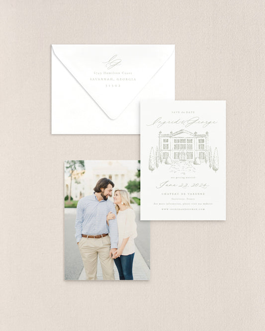 Ingrid Vertical Save the Date No. 5 - Ft. Hand Drawn Venue Empress Stationery