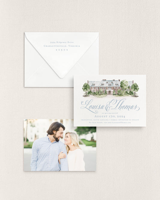Louisa Horizontal Save the Date No. 4 - Ft. Watercolor Venue Empress Stationery