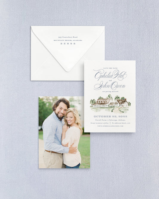 Ophelia Vertical Save the Date No. 4 - Ft. Watercolor Venue Empress Stationery