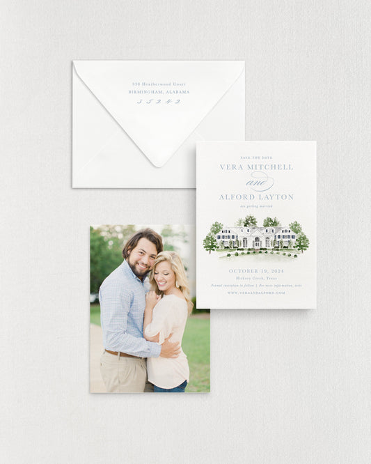 Vera Vertical Save the Date No. 4 - Ft. Watercolor Venue Empress Stationery