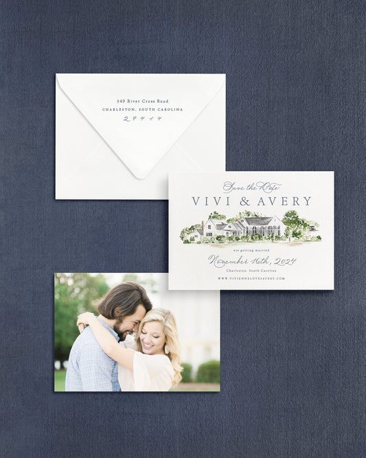 Vivienne Horizontal Save the Date No. 4 - Ft. Watercolor Venue Empress Stationery