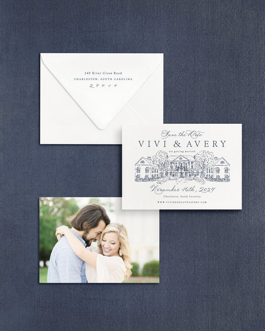 Vivienne Horizontal Save the Date No. 5 - Ft. Hand Drawn Venue Empress Stationery