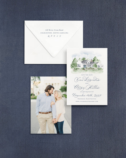 Vivienne Vertical Save the Date No. 4 - Ft. Watercolor Venue Empress Stationery