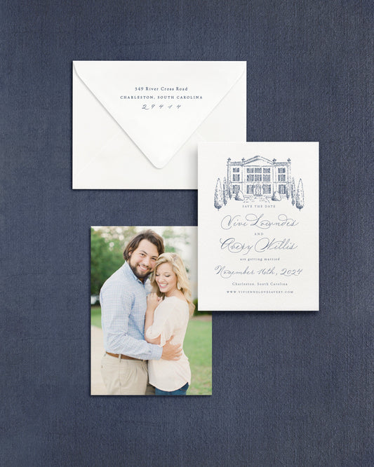 Vivienne Vertical Save the Date No. 5 - Ft. Hand Drawn Venue Empress Stationery