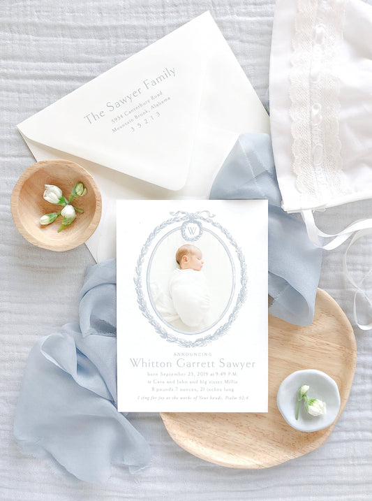 Little Boy Wreath and Ribbon Announcement Empress Stationery