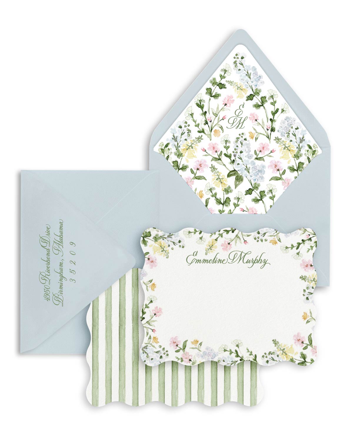 Luxury blue and green note card set with classic botanical detailing and coordinating envelope liners. Personalized stationery perfect for gifts and thank-you notes
