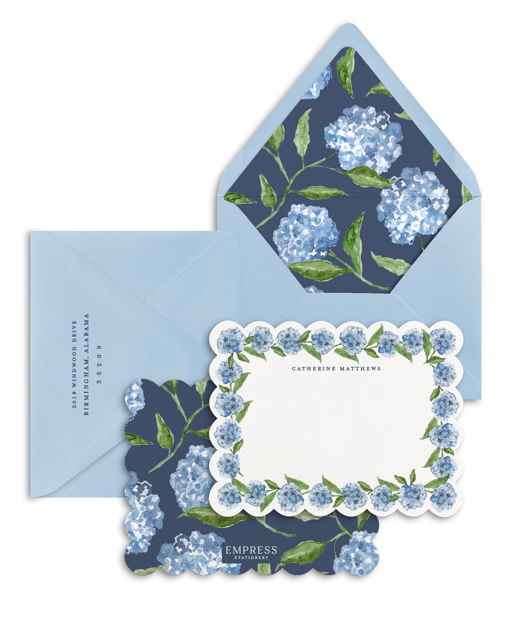 watercolor floral hydrangea note card with scallop edges, light blue envelopes, and coordinating watercolor hydrangea envelope liner/