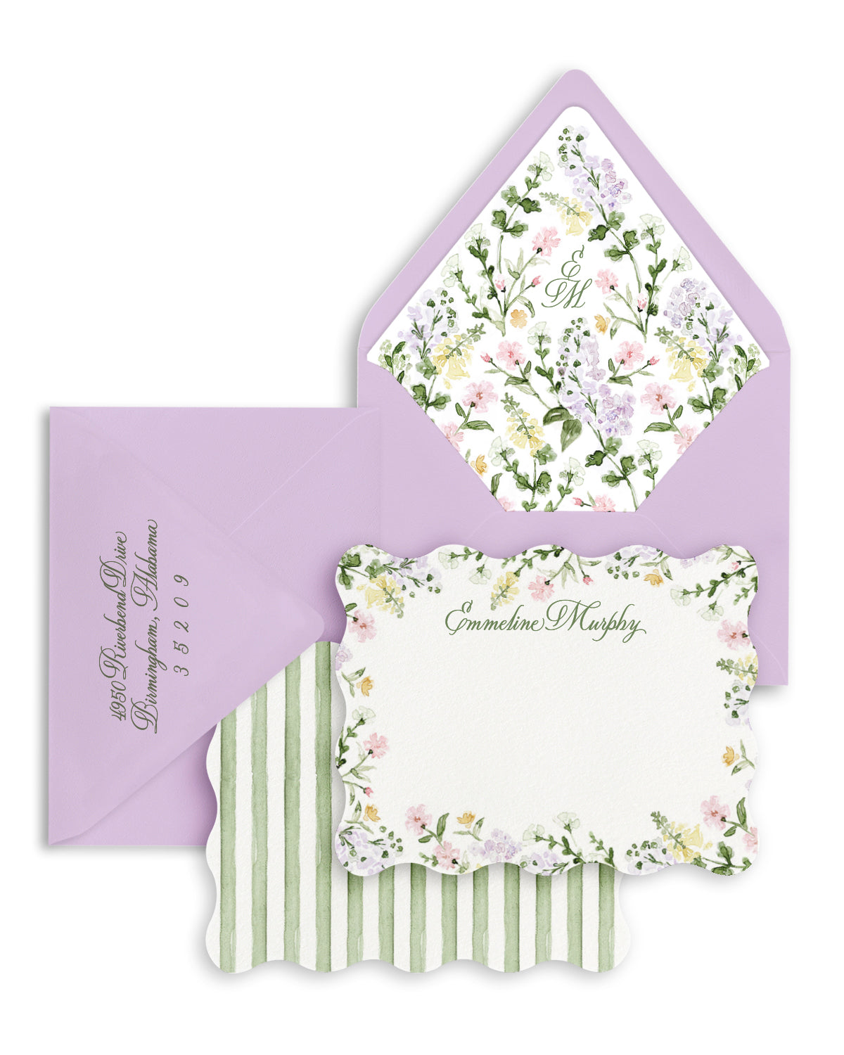 Luxury lavender floral watercolor note card set with scalloped edges and coordinating envelope liners. Personalized stationery perfect for gifts and thank-you notes