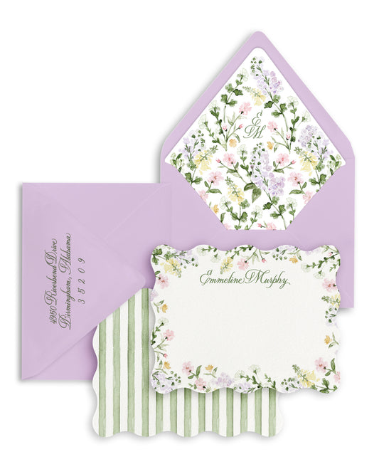 Luxury lavender floral watercolor note card set with scalloped edges and coordinating envelope liners. Personalized stationery perfect for gifts and thank-you notes
