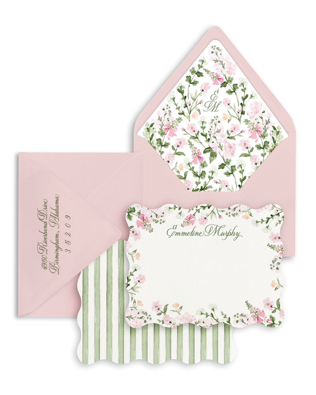Luxury pink floral watercolor note card set with scalloped edges and coordinating envelope liners. Personalized stationery perfect for gifts and thank-you notes