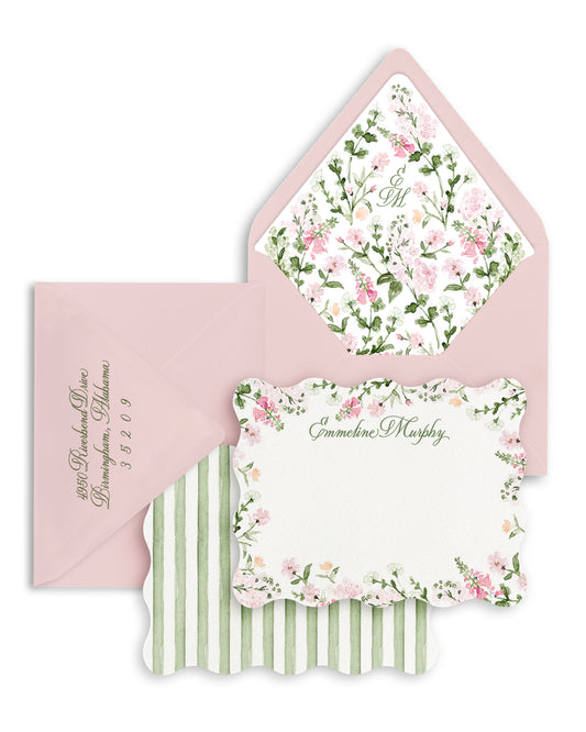 Luxury pink floral watercolor note card set with scalloped edges and coordinating envelope liners. Personalized stationery perfect for gifts and thank-you notes