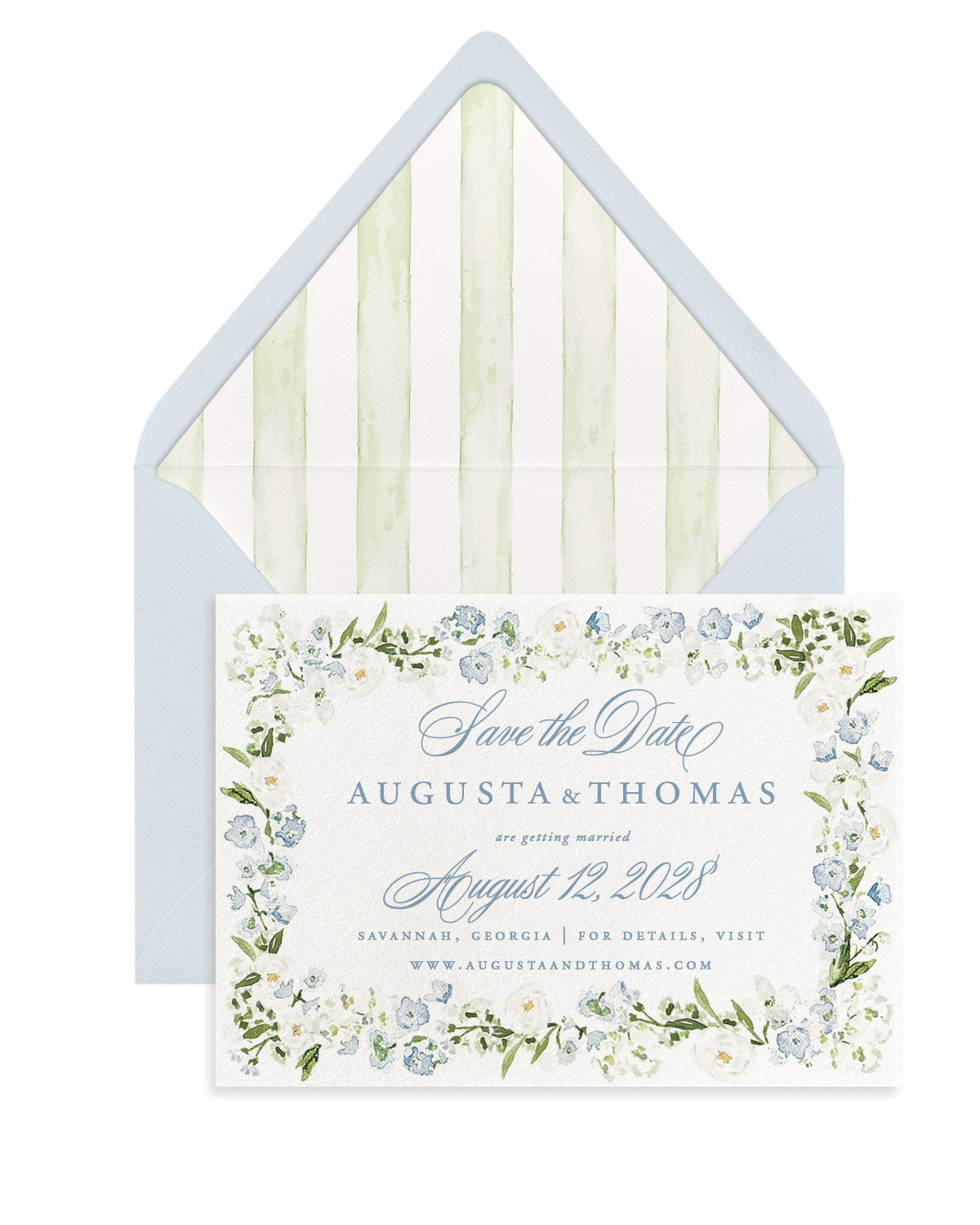 Luxury blue floral save the dates featuring hand-painted watercolor flowers, premium cardstock, and coordinating envelope liners for elegant weddings.