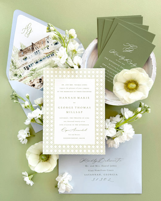 Luxury Cape Arundel Inn wedding invitation suite featuring a watercolor gatefold invitation with hand-painted Kennebunkport venue artwork, soft blue envelope, sage green details, and elegant fine art coastal wedding stationery styling.