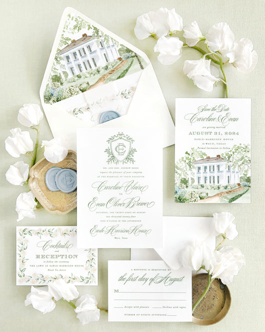 Luxury wedding invitation suite featuring a watercolor illustration of Earle-Harrison House in Waco, Texas, with matching save the date, custom envelope liner, monogram wax seals, soft green typography, and fine art floral details.