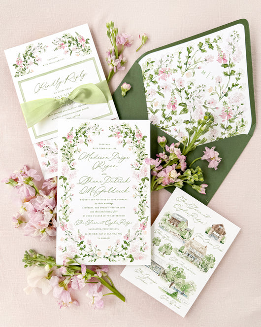 Watercolor wedding invitation suite featuring custom venue illustrations and points of interest cards for Farm at Eagles Ridge, with soft pink florals, sage green envelope liner, fine art wedding stationery, and hand-painted venue artwork.