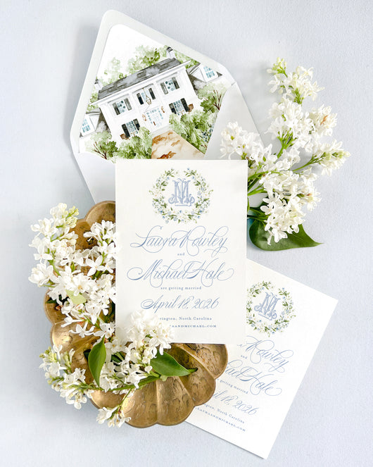Luxury watercolor wedding invitation suite featuring a custom painted venue envelope liner, fine art floral details, monogram crest, and elegant calligraphy for a Southern wedding celebration in North Carolina. Custom wedding stationery with watercolor venue artwork, save the date, and heirloom-inspired paper details.