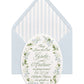 Greta Blue Floral Oval Save the Date featuring a hand-painted watercolor blue floral border, elegant green script typography, and a coordinating powder blue envelope with a blue watercolor striped liner.