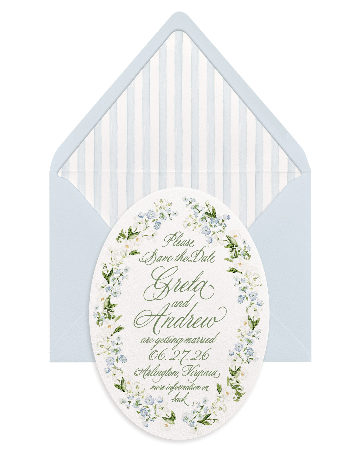 Greta Blue Floral Oval Save the Date featuring a hand-painted watercolor blue floral border, elegant green script typography, and a coordinating powder blue envelope with a blue watercolor striped liner.