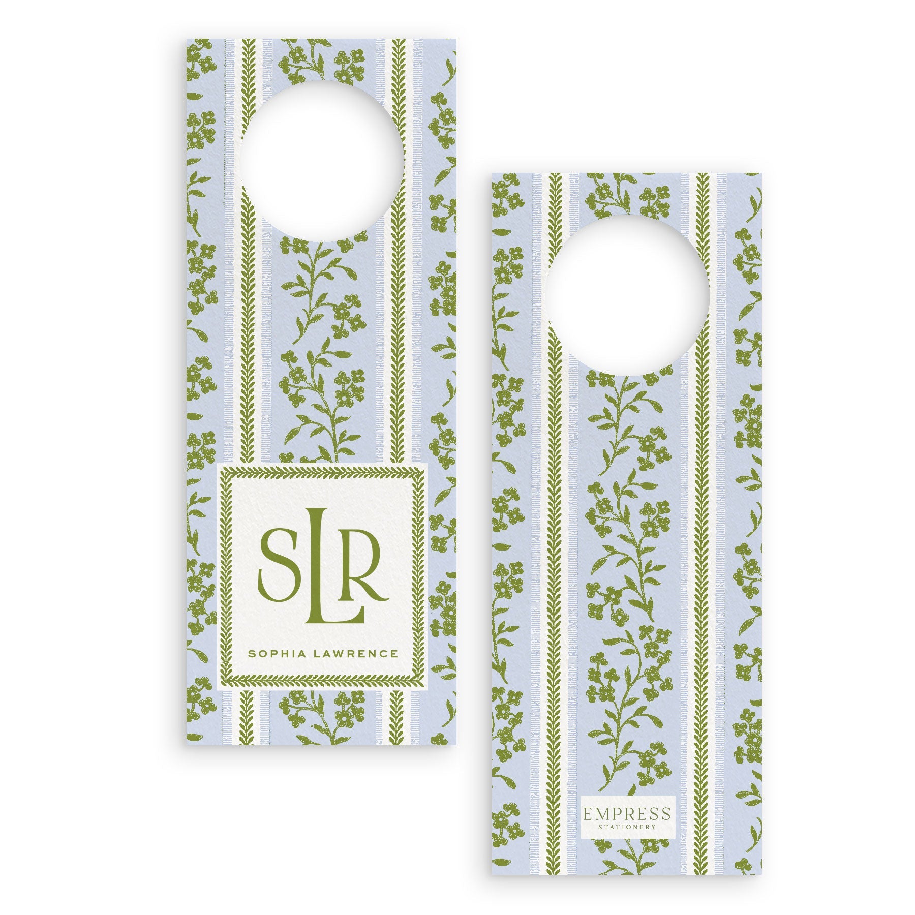 personalized wine bottle tag with a pale blue background, green florals, and green textured stripes by Empress Stationery 