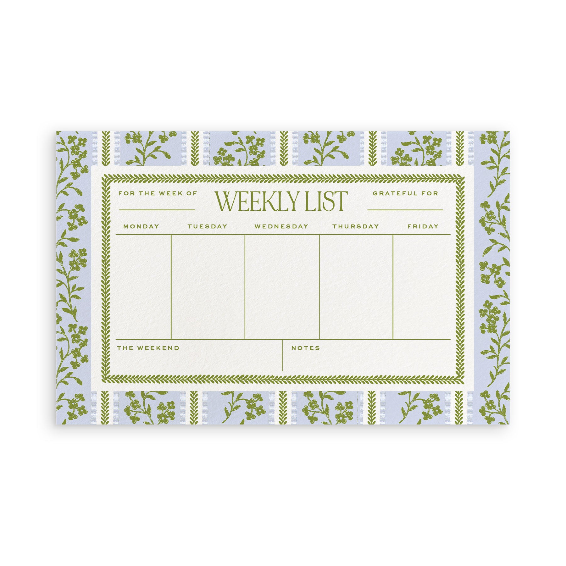 weekly list notepad with green text on a white background surrounded by a blue and green floral border by Empress Stationery