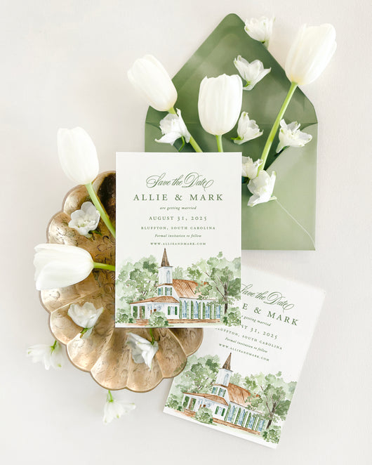 Watercolor wedding save the dates featuring a hand-painted church venue illustration for a Bluffton, South Carolina wedding, styled with sage green envelopes, white tulips, and elegant fine art wedding stationery.