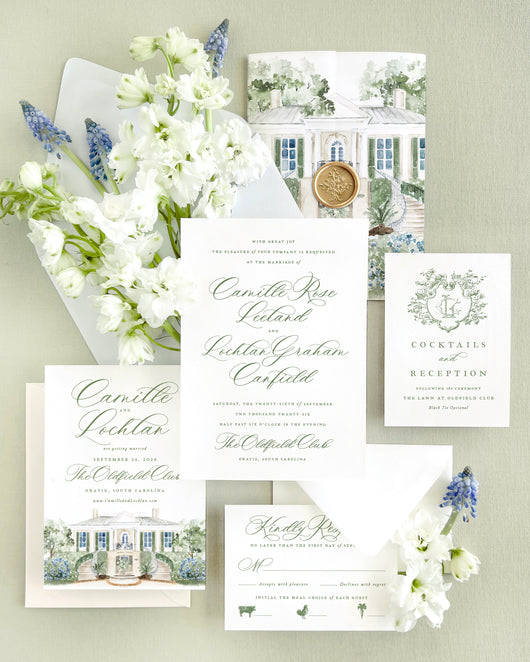 Luxury watercolor wedding invitation suite featuring The Oldfield Club in Okatie, South Carolina with custom venue illustration, fine art wedding stationery, save the date, envelope liner, and elegant green typography.