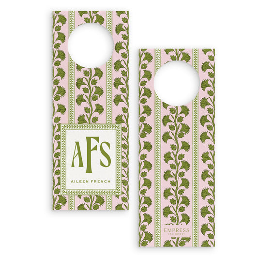 wine bottle tag with pink and green palm design featuring a personalized monogram and name