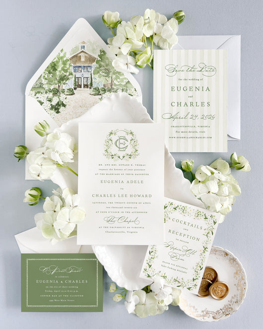 Watercolor Pippin Hill wedding invitations with custom venue illustration in Charlottesville Virginia