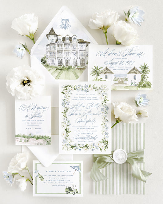 Luxury Rosemary Beach wedding invitation suite featuring watercolor artwork of The Pearl hotel, hand-painted beach venue illustrations, watercolor weekend icons, floral border invitations, striped vellum wrap, and elegant coastal wedding stationery in soft blue and green tones.