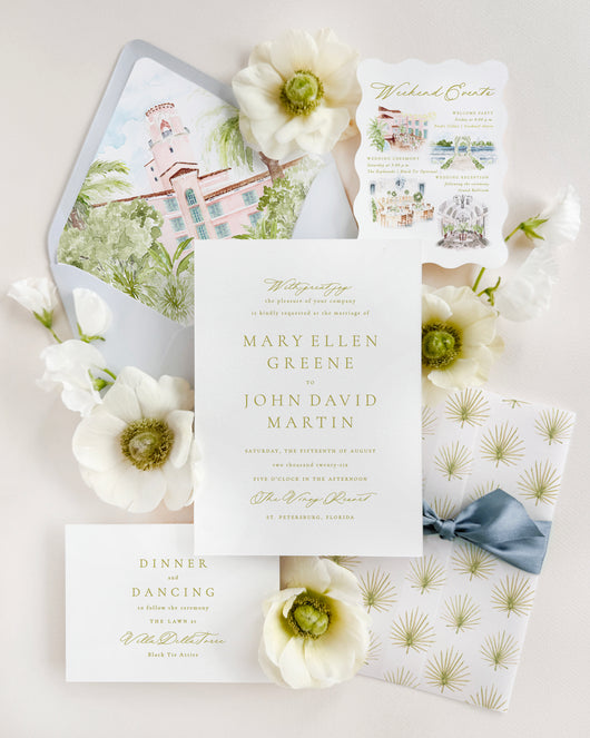 Luxury Vinoy Resort wedding invitation suite featuring a watercolor envelope liner of The Vinoy Resort in St. Petersburg, Florida, elegant chartreuse typography, illustrated weekend events card, blue silk ribbon, and fine art wedding stationery with coastal resort details.